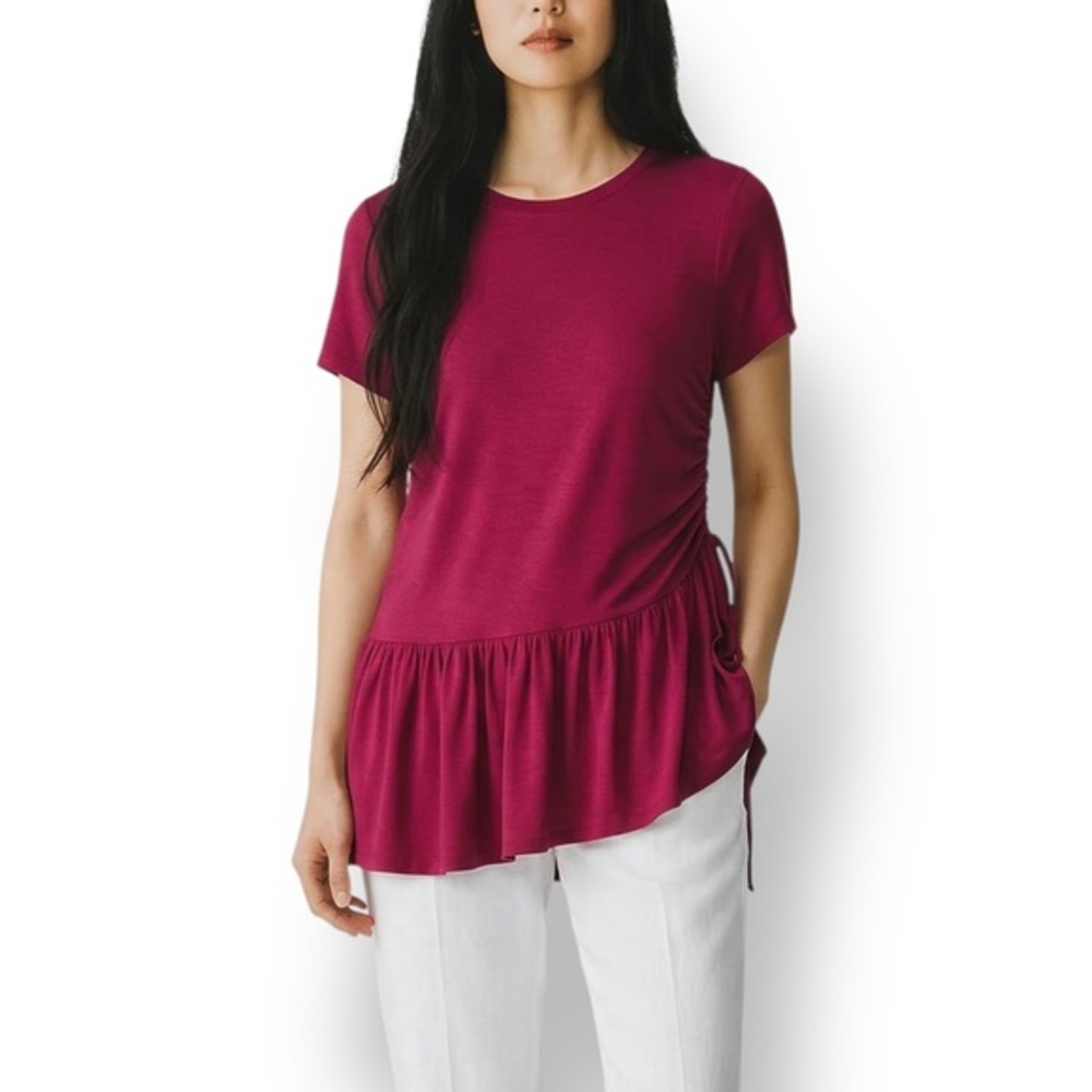4/$20 J.Crew XS Lyocell Burgundy Tunic Top Side Ruched Drawstring Peplum Hem